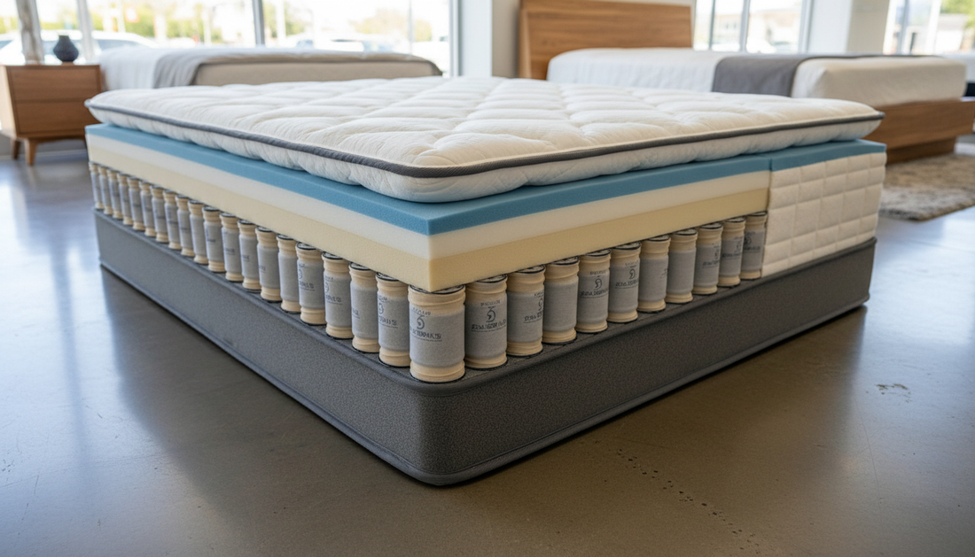 Cutaway of a hybrid mattress showing pocketed coils under foam and latex comfort layers - Mattress Miracle Brantford
