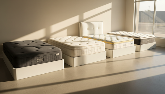 Several mattresses compared side by side in a Brantford showroom - Mattress Miracle