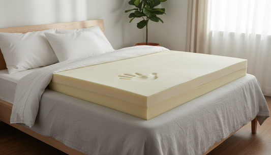 Folded memory foam and latex mattress topper on a made bed - Mattress Miracle Brantford