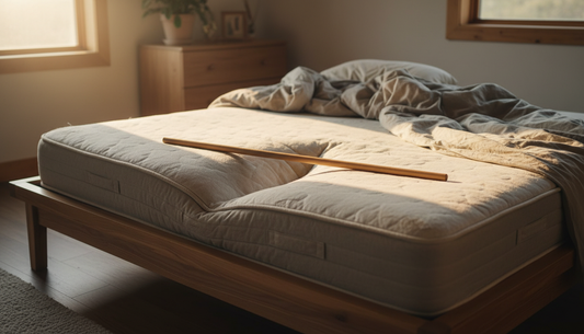 Worn sagging mattress with a broom handle laid across the dip - Mattress Miracle Brantford