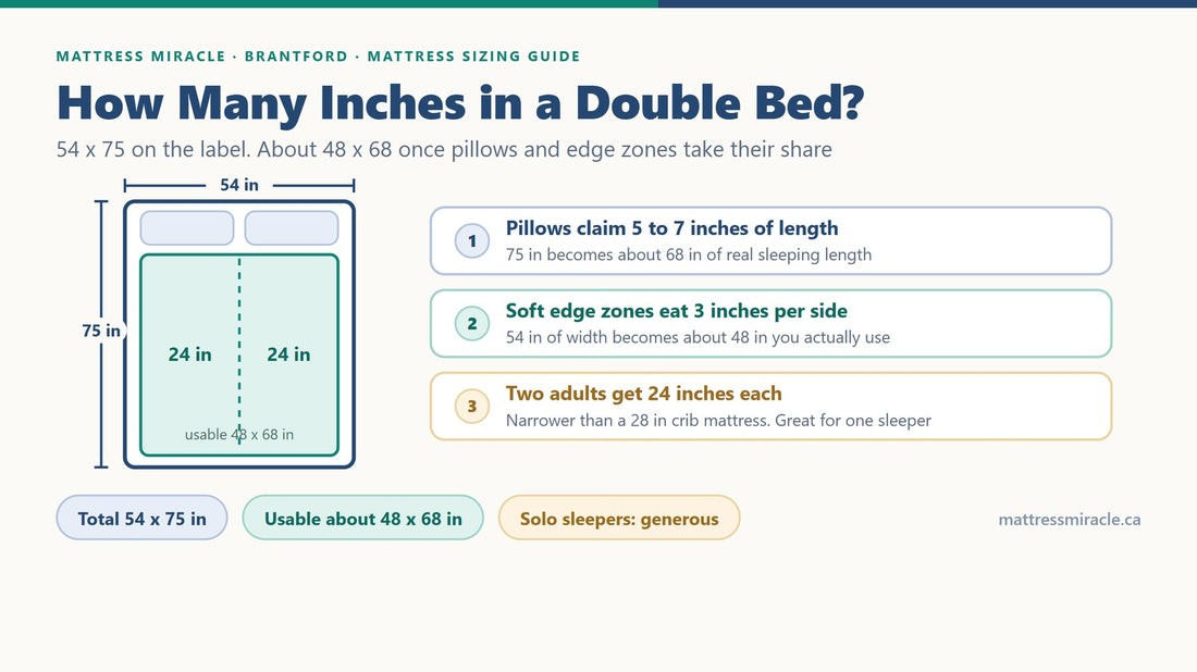Double bed dimensions diagram: 54 x 75 inches total with about 48 x 68 usable inches and 24 inches per person - Mattress Miracle Brantford