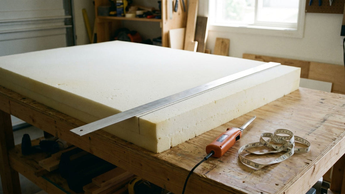 Electric carving knife and straightedge on a marked foam slab - Mattress Miracle Brantford