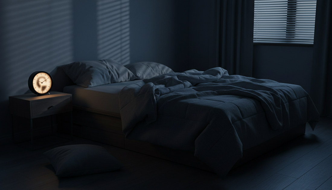 Dark bedroom with glowing alarm clock during a sleepless night - Mattress Miracle Brantford