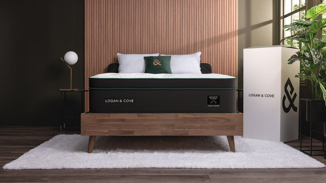 Logan and Cove Pinnacle hybrid mattress in a styled bedroom beside its box - Mattress Miracle Brantford