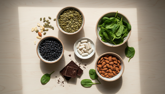 Magnesium-rich foods and supplement capsules flat lay - Mattress Miracle Brantford