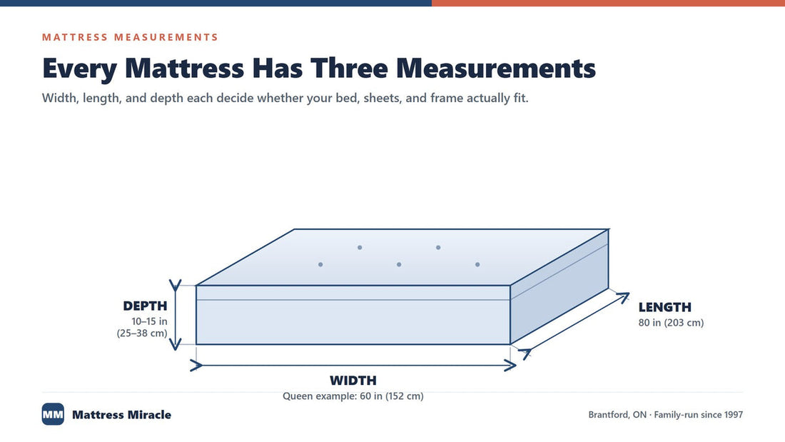 Diagram showing the three mattress measurements: width, length, and depth, on a Queen mattress - Mattress Miracle Brantford