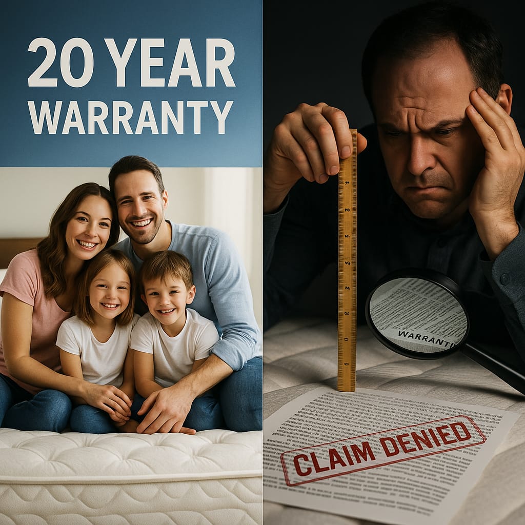Mattress warranty marketing hype versus reality - split screen showing glossy 20-year warranty promises vs claim denial fine print and measurement requirements