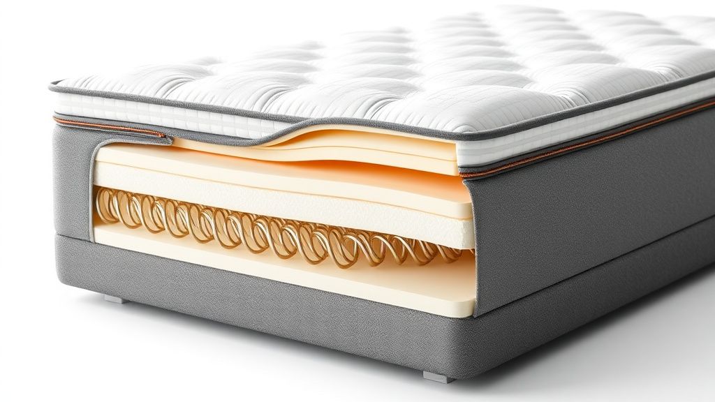 Cross-section of a premium pocket coil mattress showing construction layers