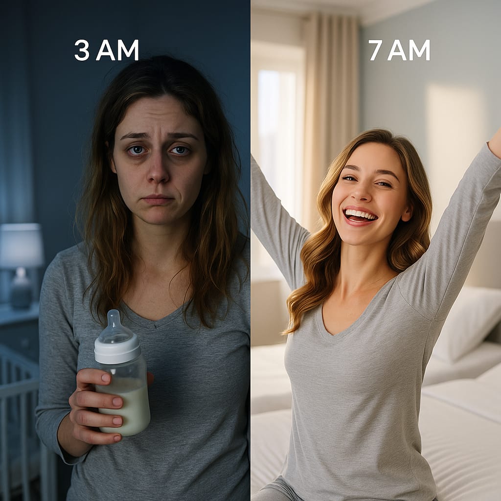 Before and after comparison of new mother showing exhaustion at 3AM versus well-rested at 7AM with split adjustable bed solution