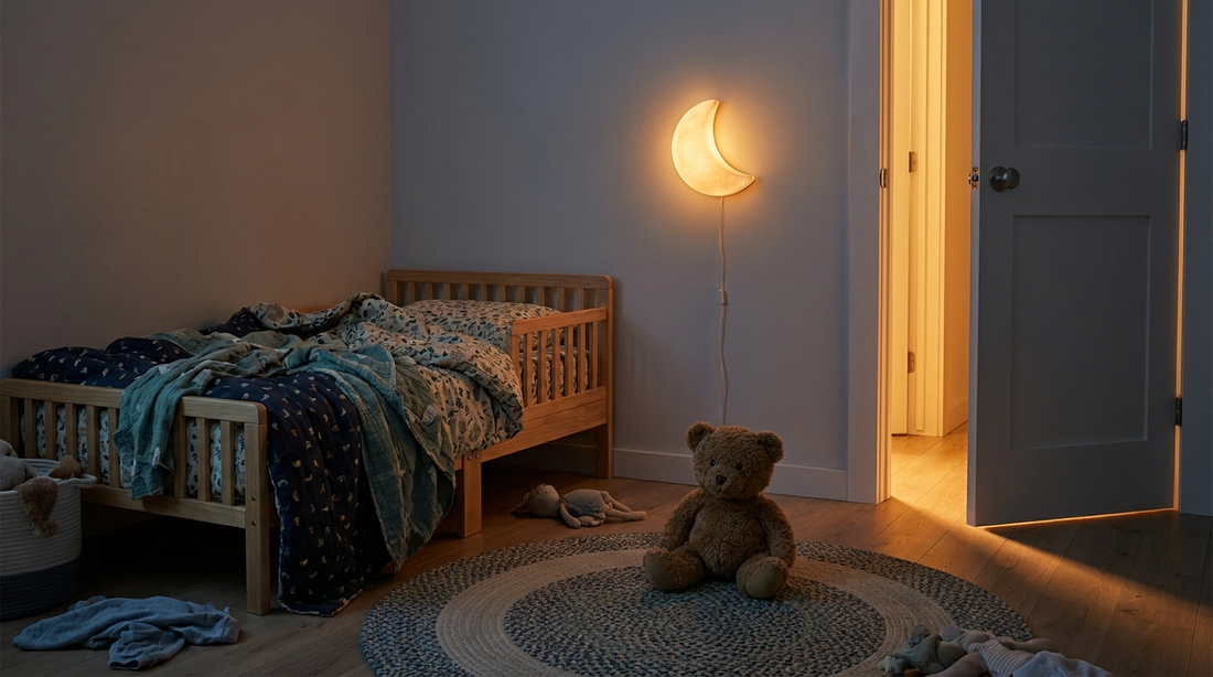 Child's bedroom at night with glowing nightlight and teddy bear - Mattress Miracle Brantford