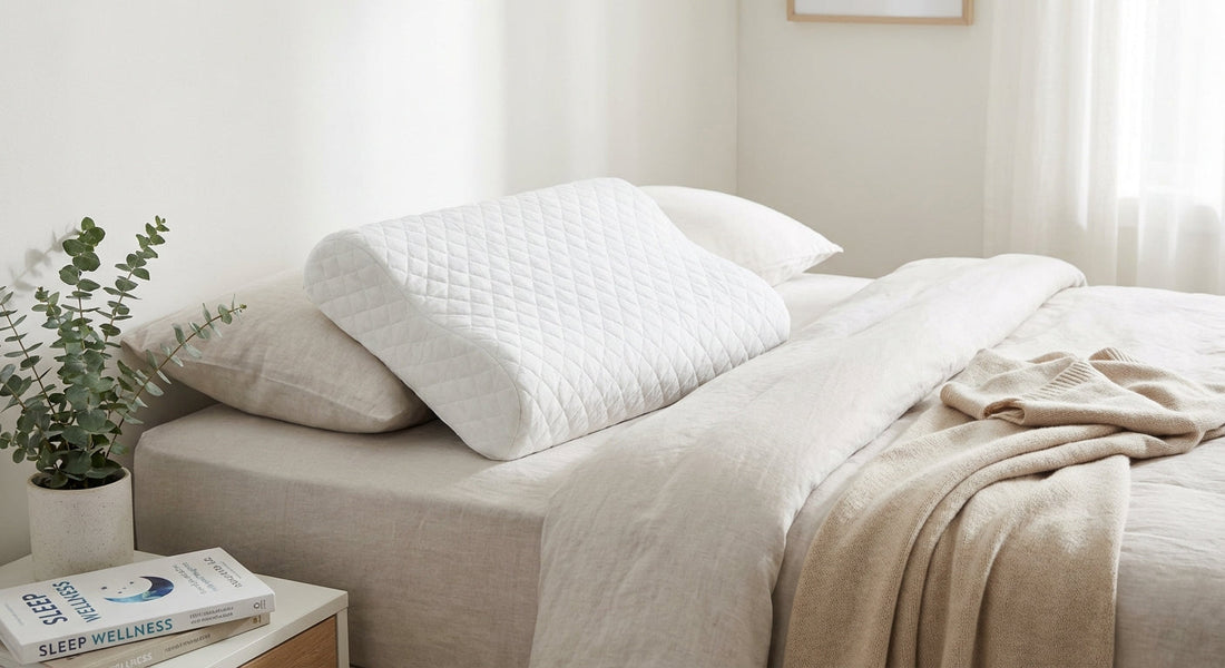 Contoured cervical pillow on a bed, independent ObusForme pillow review - Mattress Miracle Brantford