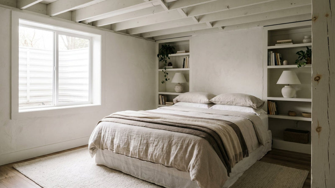 A freshly renovated basement bedroom with a comfortable ceiling height, an egress window, and a neatly made double bed - Mattress Miracle Brantford