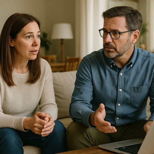 Canadian parents discussing mattress investment options while teenager studies in background, emphasizing family decision-making process