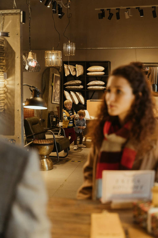 Family browsing a furniture and bedding store