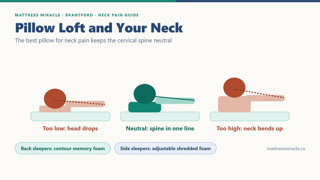Pillow loft and neck pain, neutral spine alignment diagram - Mattress Miracle Brantford