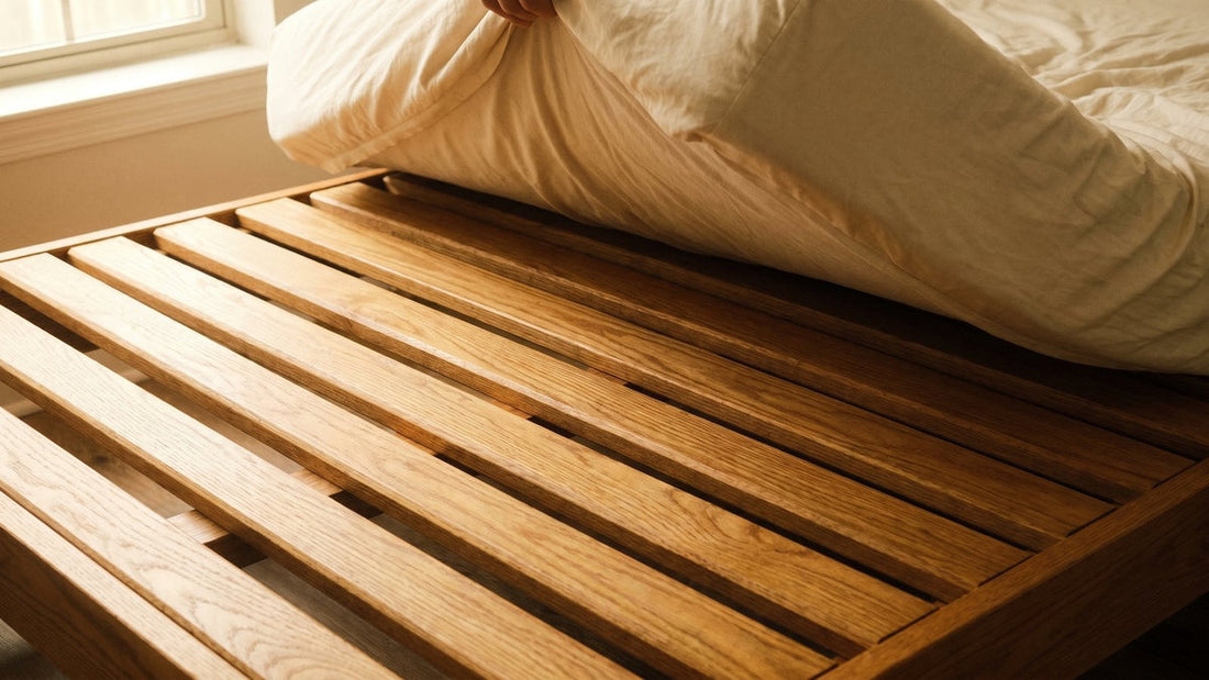 Solid wood platform bed slats supporting a mattress - Mattress Miracle Brantford