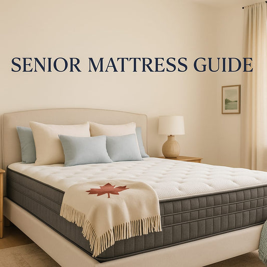 Clean professional bedroom with premium mattress and Canadian decor, perfect header image for senior mattress guide with text overlay space