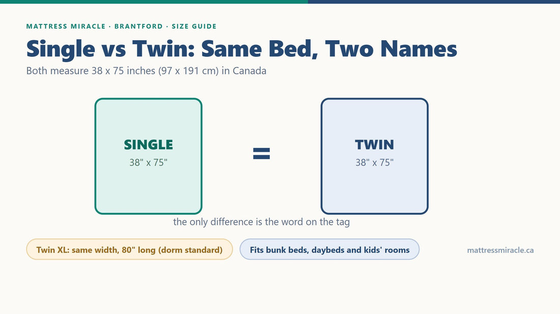 Single vs twin bed size comparison, both 38 by 75 inches - Mattress Miracle Brantford