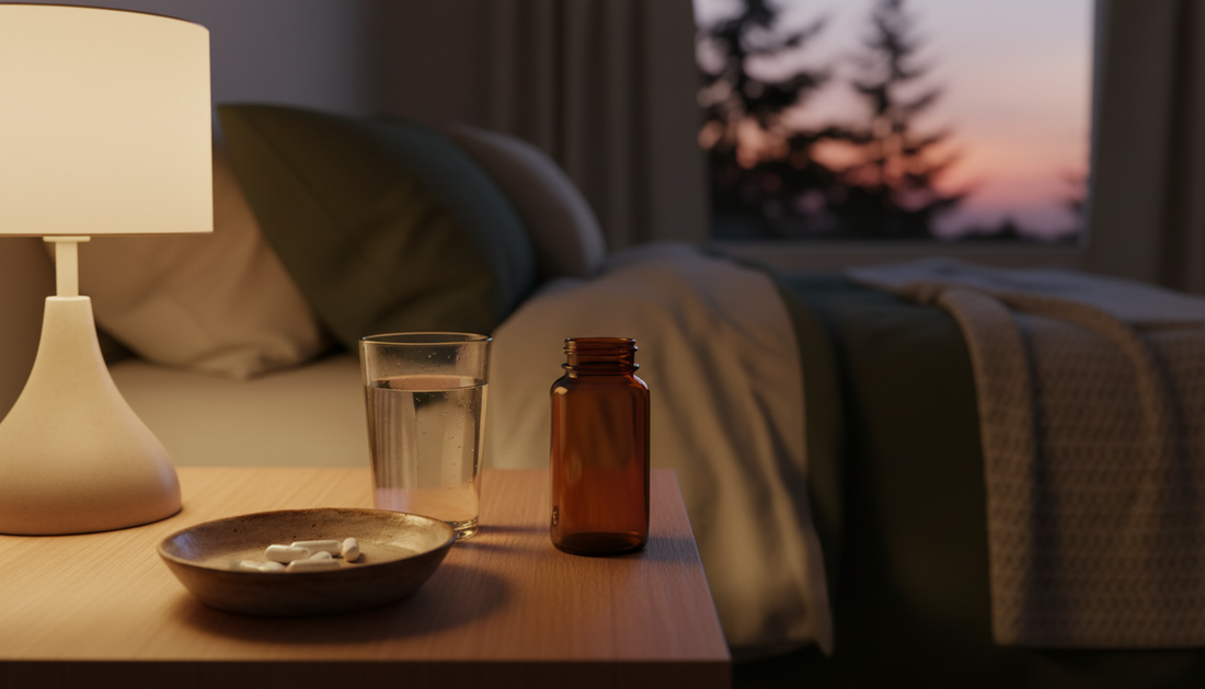 Bedside table with sleep supplements and water glass - Mattress Miracle Brantford