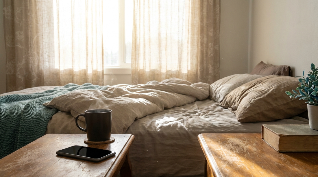 Morning light on unmade bed with coffee on the nightstand, the slow wake-up - Mattress Miracle Brantford