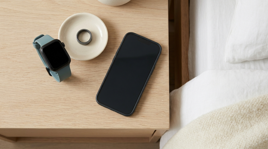 Sleep tracker wearable and smart ring on a nightstand - Mattress Miracle Brantford