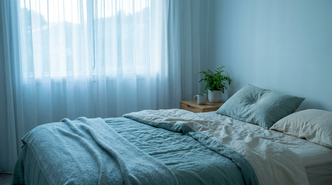 Bed with tangled sheets in pale dawn light at the moment of waking - Mattress Miracle Brantford