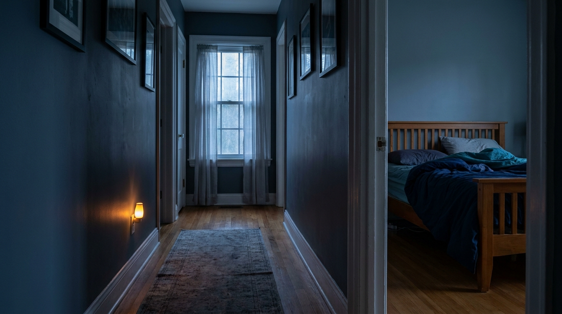 Moonlit hallway and empty bed with nightlight, sleepwalker-safe bedroom - Mattress Miracle Brantford