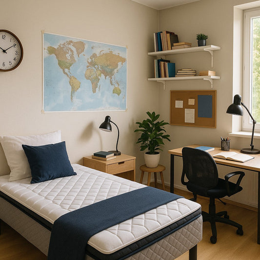 Well-optimized student bedroom with quality mattress, proper lighting, and academic setup for enhanced sleep and study performance