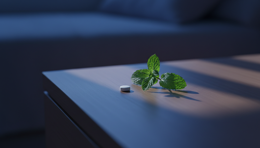 Sublingual tablet on bedside table in evening light - Mattress Miracle Brantford