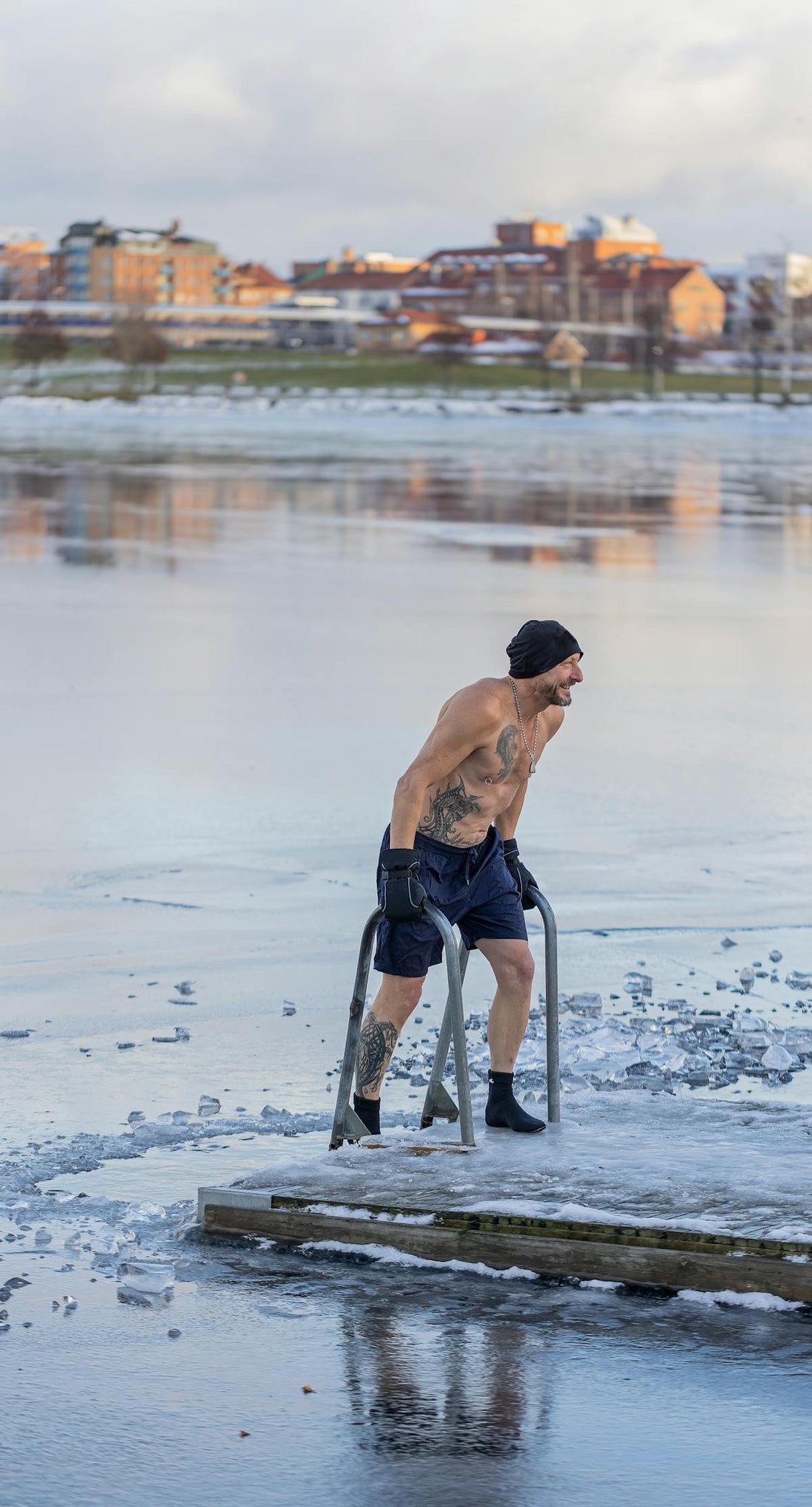 Person doing cold water immersion in icy water for sleep benefits