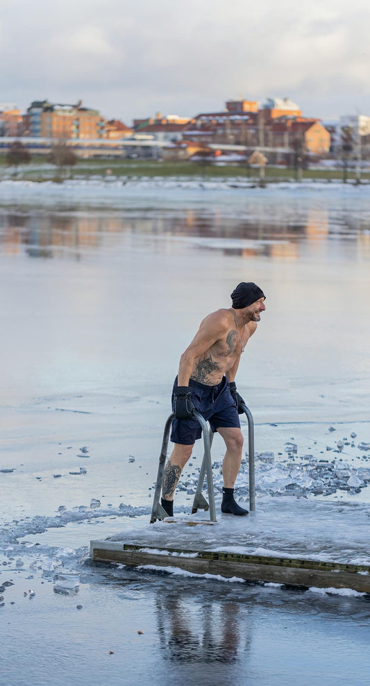 Person doing cold water immersion in icy water for sleep benefits
