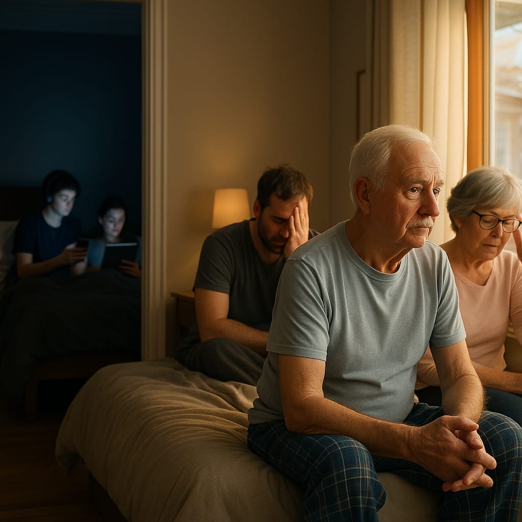 Three generations sharing home with different sleep schedules - grandparents, parents, and teens in Brantford Ontario