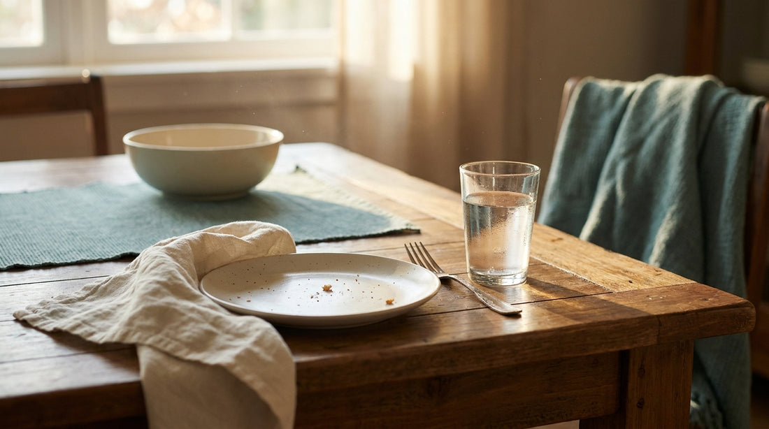 Empty plate pushed aside in heavy afternoon light, the post-meal slump - Mattress Miracle Brantford