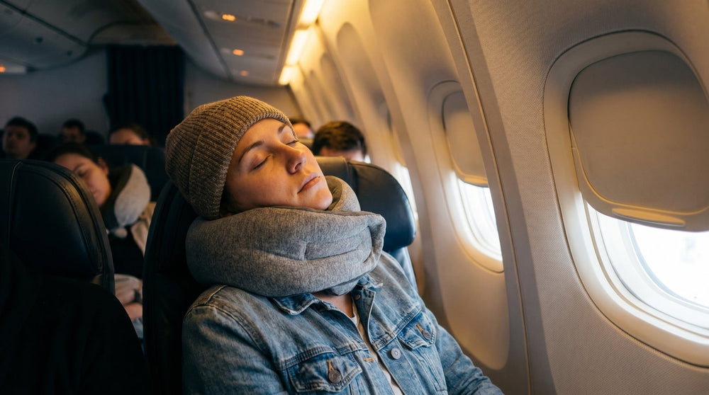 Traveller asleep on a flight using a travel neck pillow - Mattress Miracle Brantford