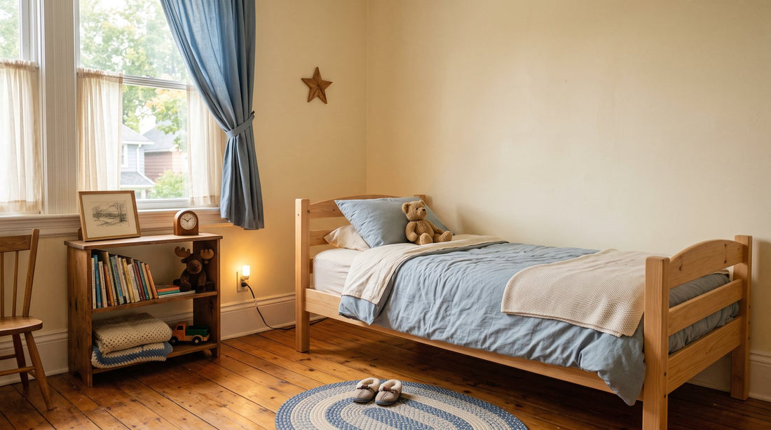 Child's bedroom with a twin mattress on a light wood frame in afternoon light - Mattress Miracle Brantford
