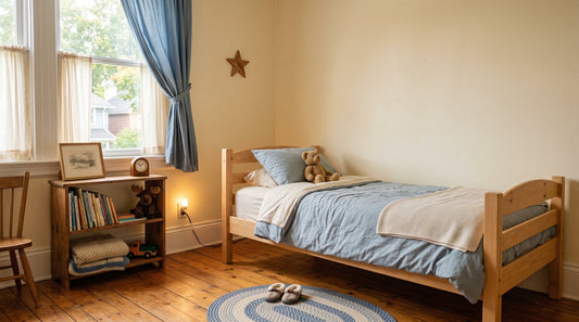 Child's bedroom with a twin mattress on a light wood frame in afternoon light - Mattress Miracle Brantford