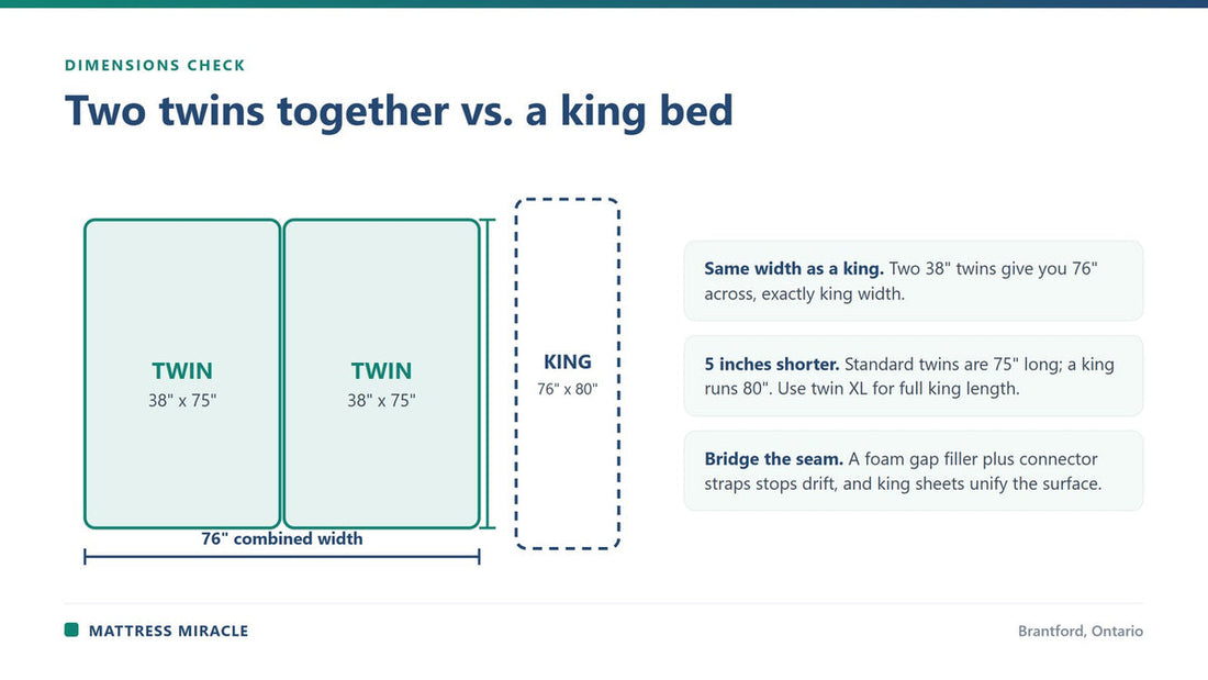 Diagram comparing two twin beds pushed together with a king mattress - Mattress Miracle Brantford