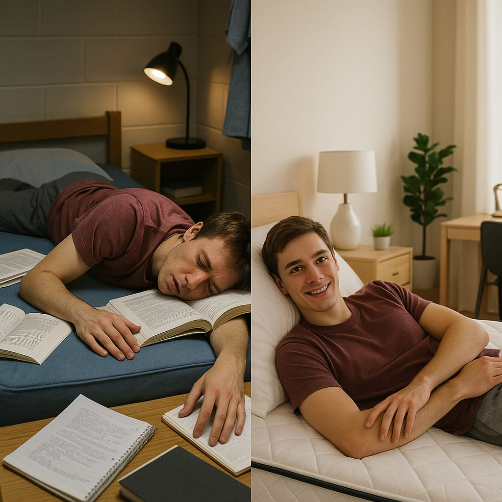 Tired university student in cramped dorm bed versus refreshed student in proper Twin XL mattress at home