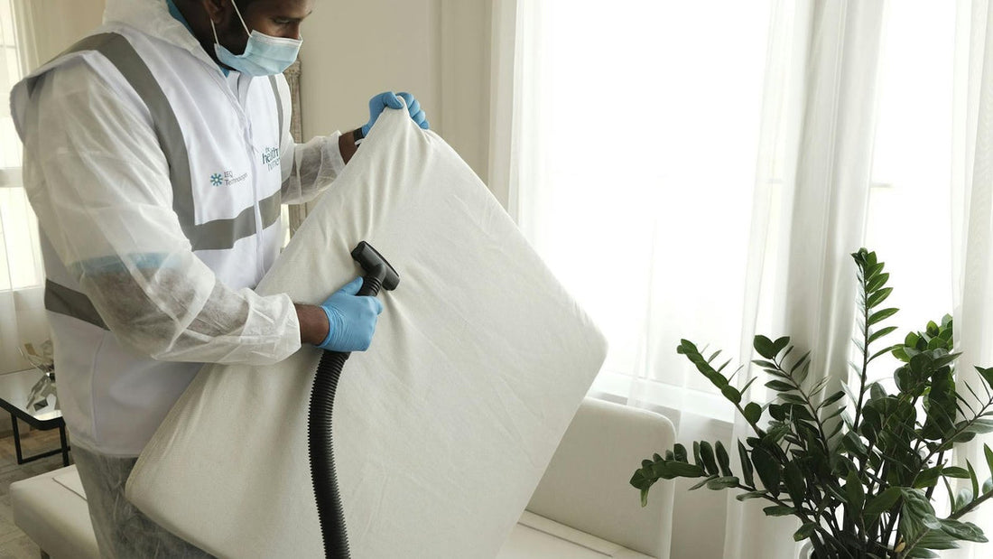 Clean bedroom with a bare mattress being vacuumed - Mattress Miracle Brantford