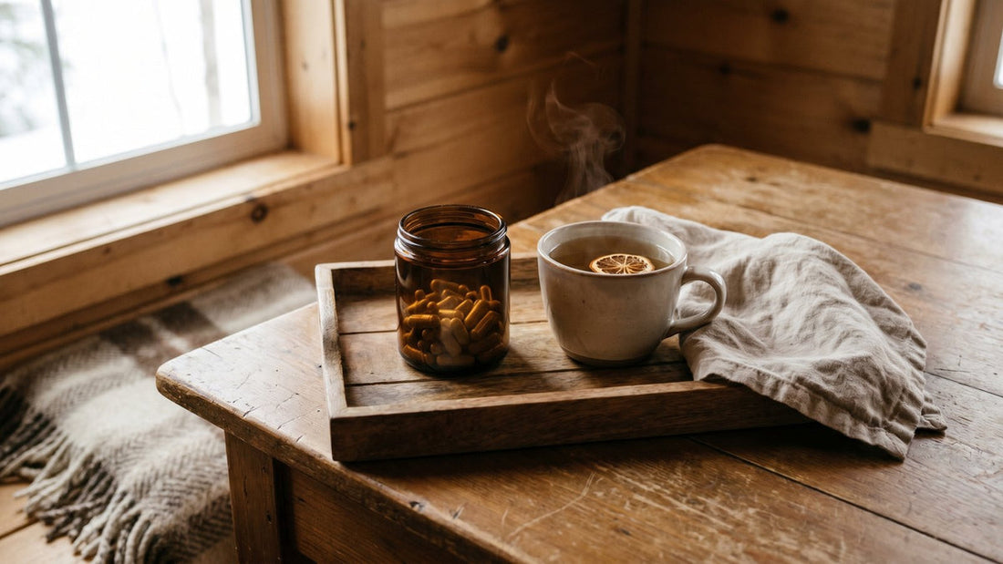 A calm evening supplement routine: an unlabeled amber glass jar of capsules beside a cup of herbal tea and a folded linen napkin on a wooden tray - Mattress Miracle Brantford