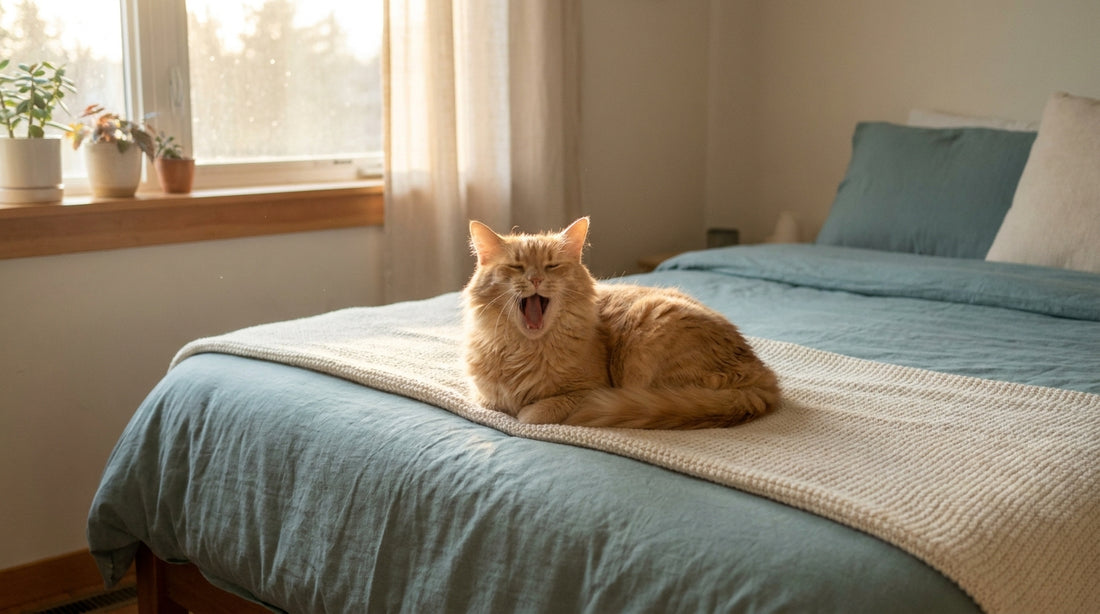 Ginger cat mid-yawn on the end of a bed in morning light - Mattress Miracle Brantford