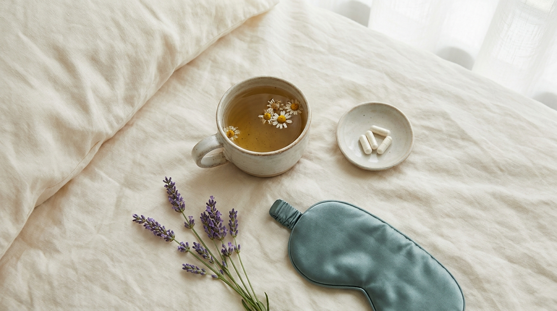 Chamomile tea, supplement capsules and sleep mask flat lay - Mattress Miracle Brantford