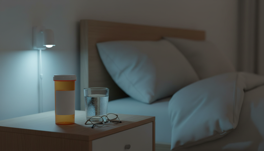 Nightstand with prescription bottle and water glass at night - Mattress Miracle Brantford