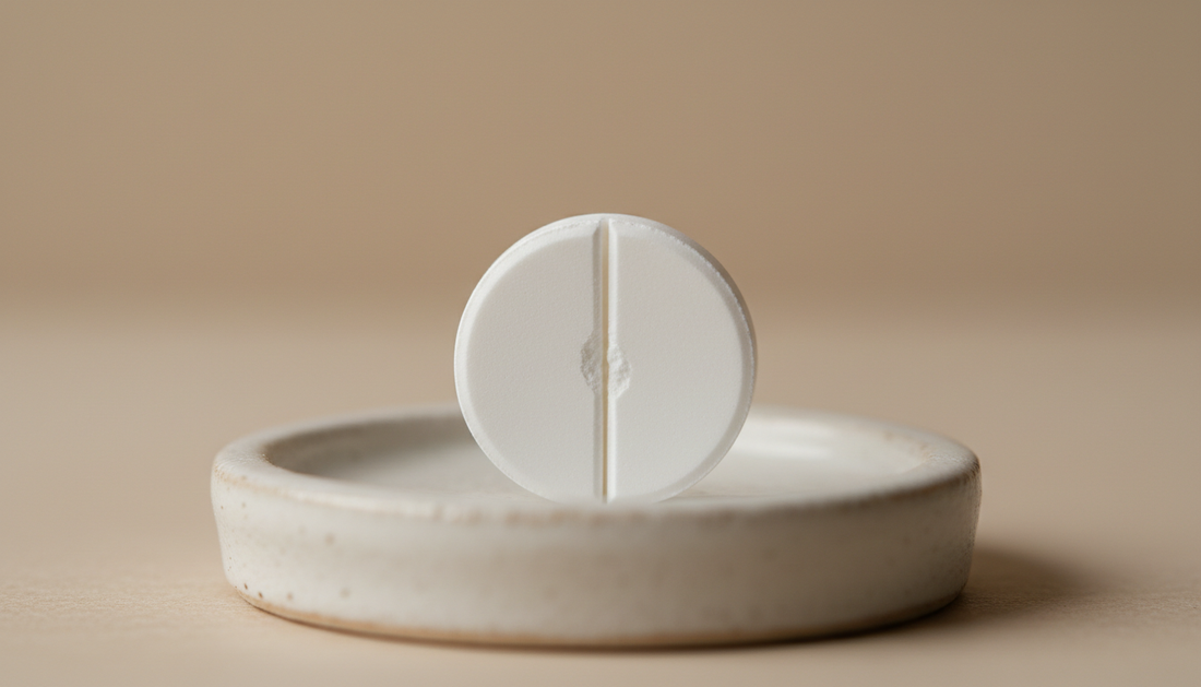 Tablet split in half on ceramic dish illustrating starting dose - Mattress Miracle Brantford