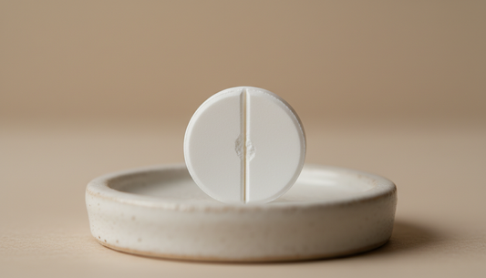 Tablet split in half on ceramic dish illustrating starting dose - Mattress Miracle Brantford