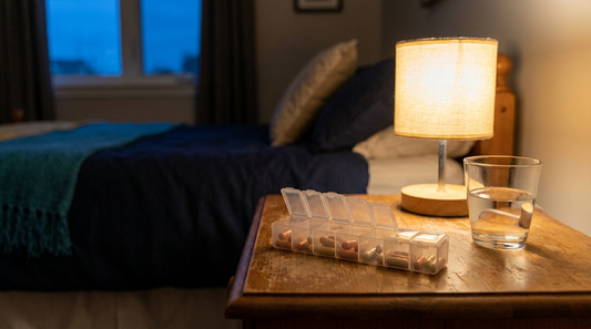 Weekly pill organizer with tapering doses on a bedside table - Mattress Miracle Brantford