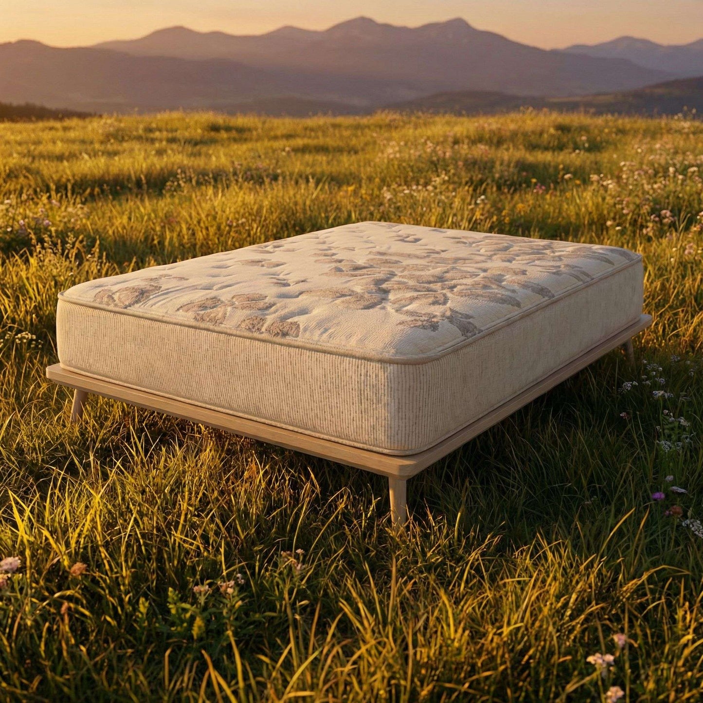 Corner detail of the Eco Transcend mattress showing the quilted organic cotton cover and mattress edge in a bedroom setting - Mattress Miracle