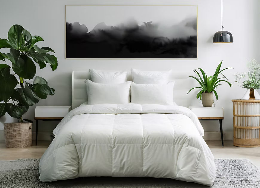 Hungarian Goose Tencel goose down duvet TENCEL organic cotton shell on bed - Mattress Miracle Brantford