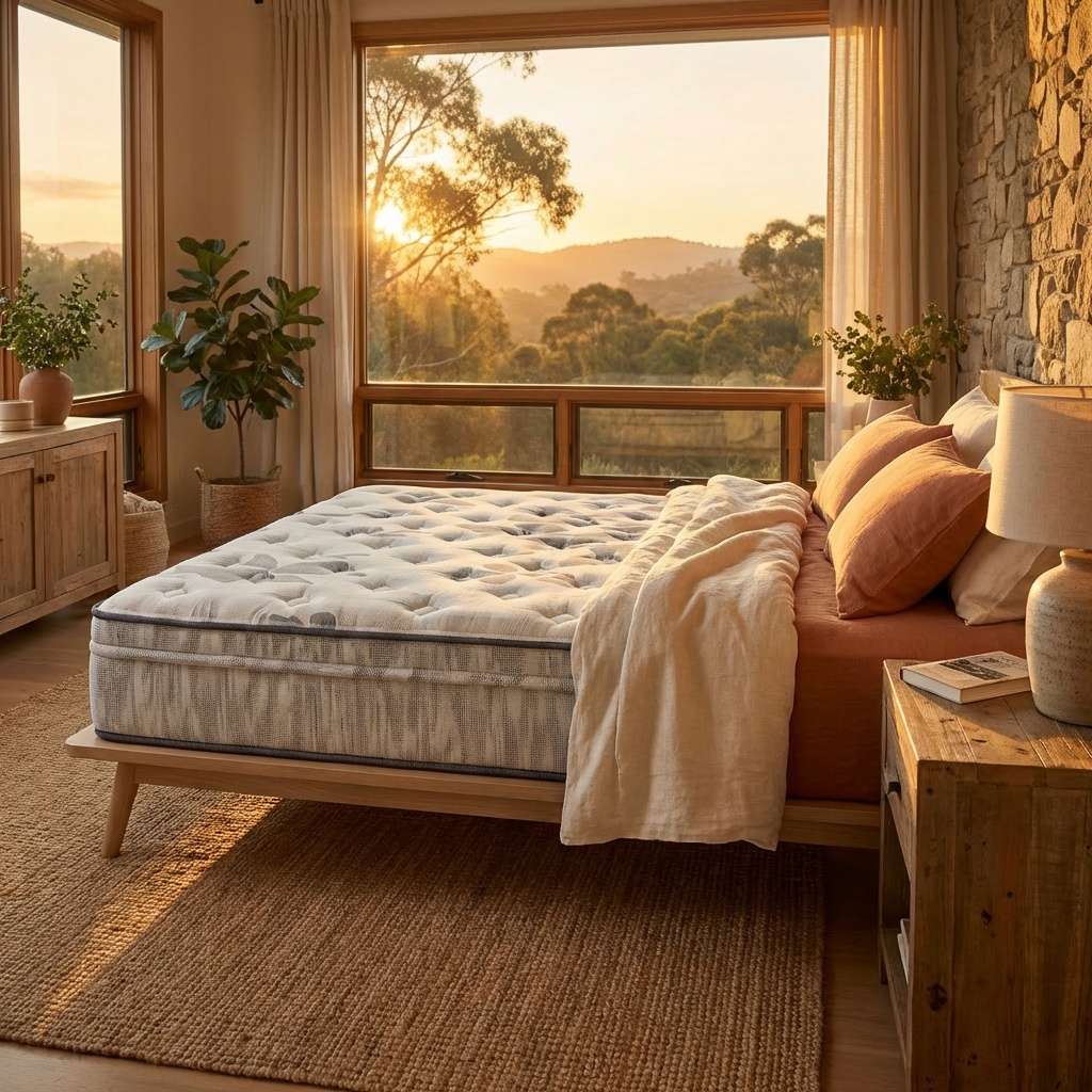 Natura Sovereign mattress made up with bedding in a bedroom setting - Mattress Miracle