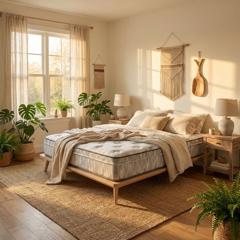 Natura Majestic mattress made up with linens in a bedroom setting - Mattress Miracle